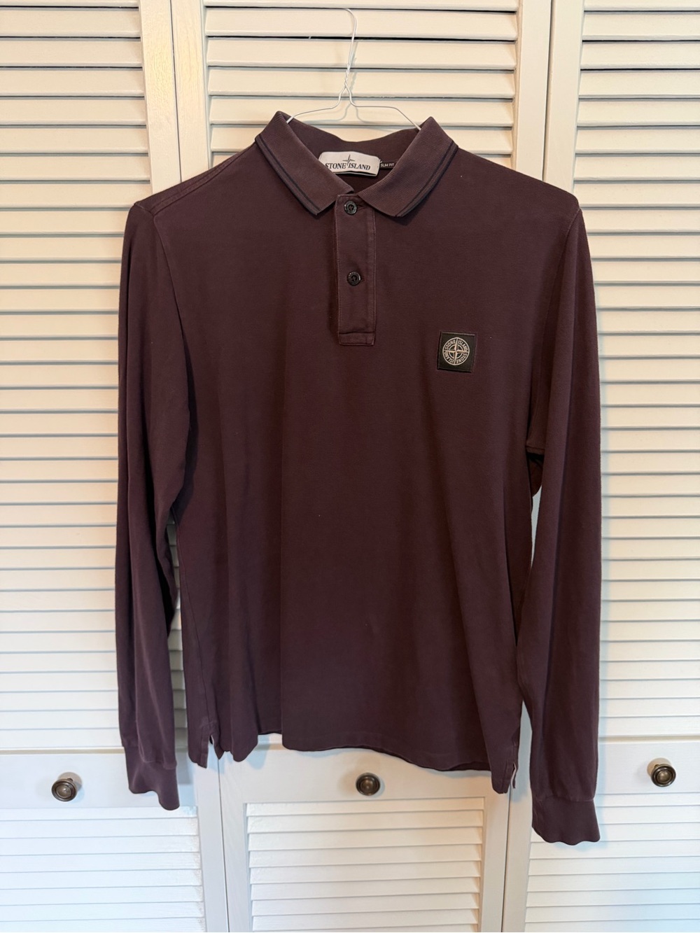 Stone Island Long-Sleeve Polo in Brown Cotton Pique